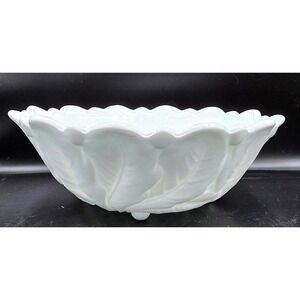 Wild Rose Indiana Glass Vintage 9" White Milk Glass Bowl Leaf & Flower Embossed